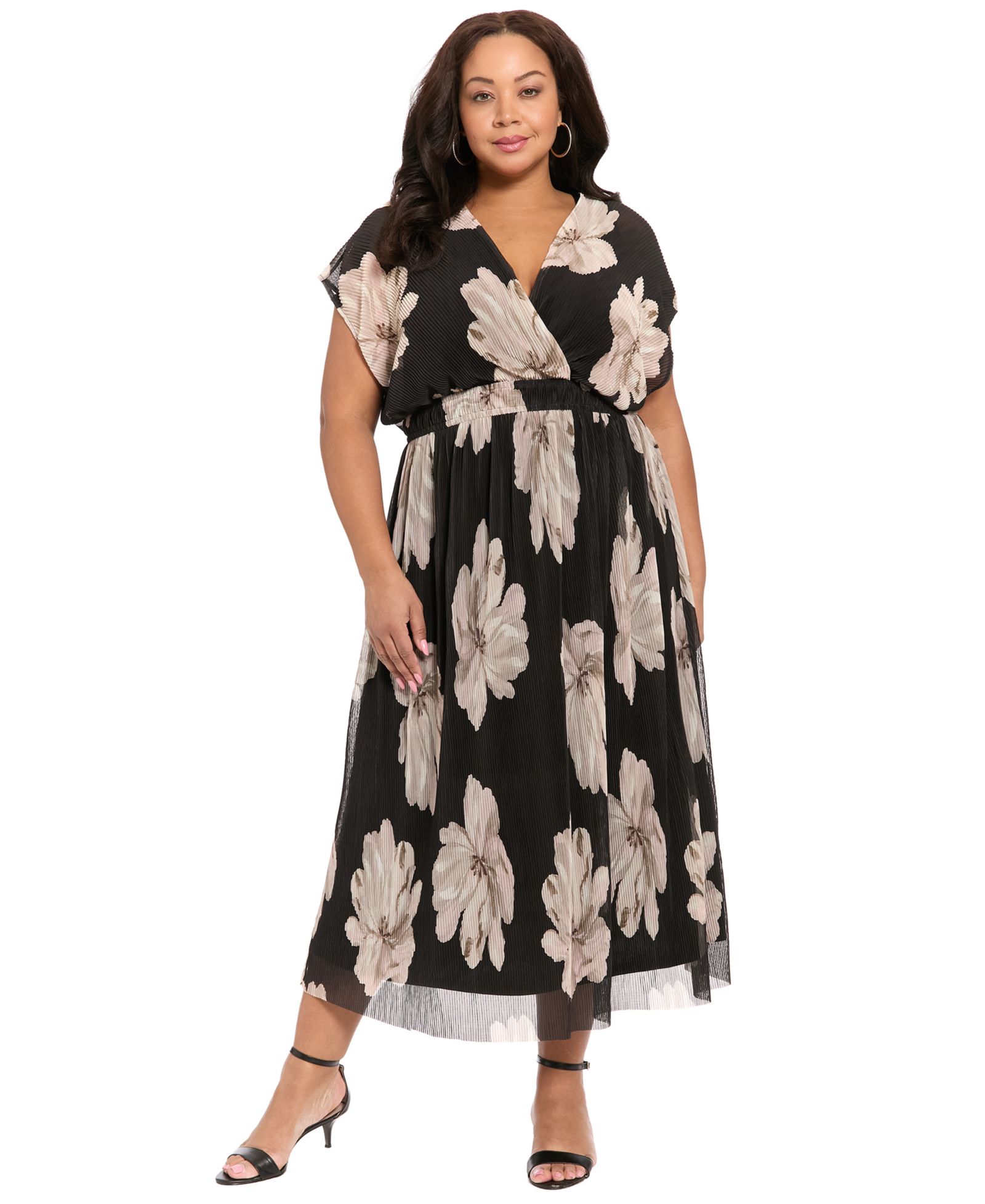 London Times Plus Size макси-платье плиссированное с V-образным вырезом, с коротким рукавом
