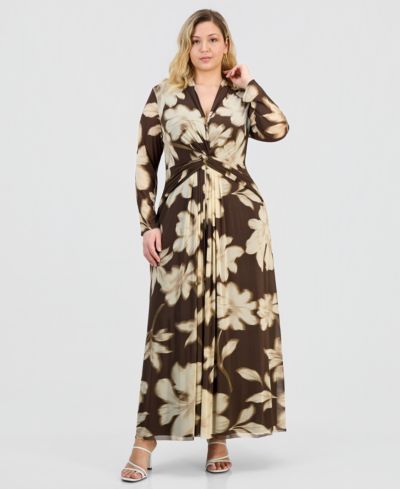 Anne Klein Plus Size Printed Twist-Front Long-Sleeve Mesh Maxi Dress