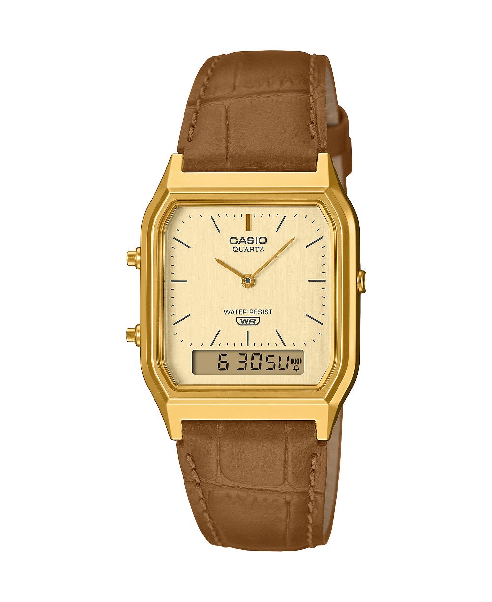 Casio универсальные аналого-цифровые винтажные часы на японском кварце, кожаный коричневый ремешок, 29.8 мм