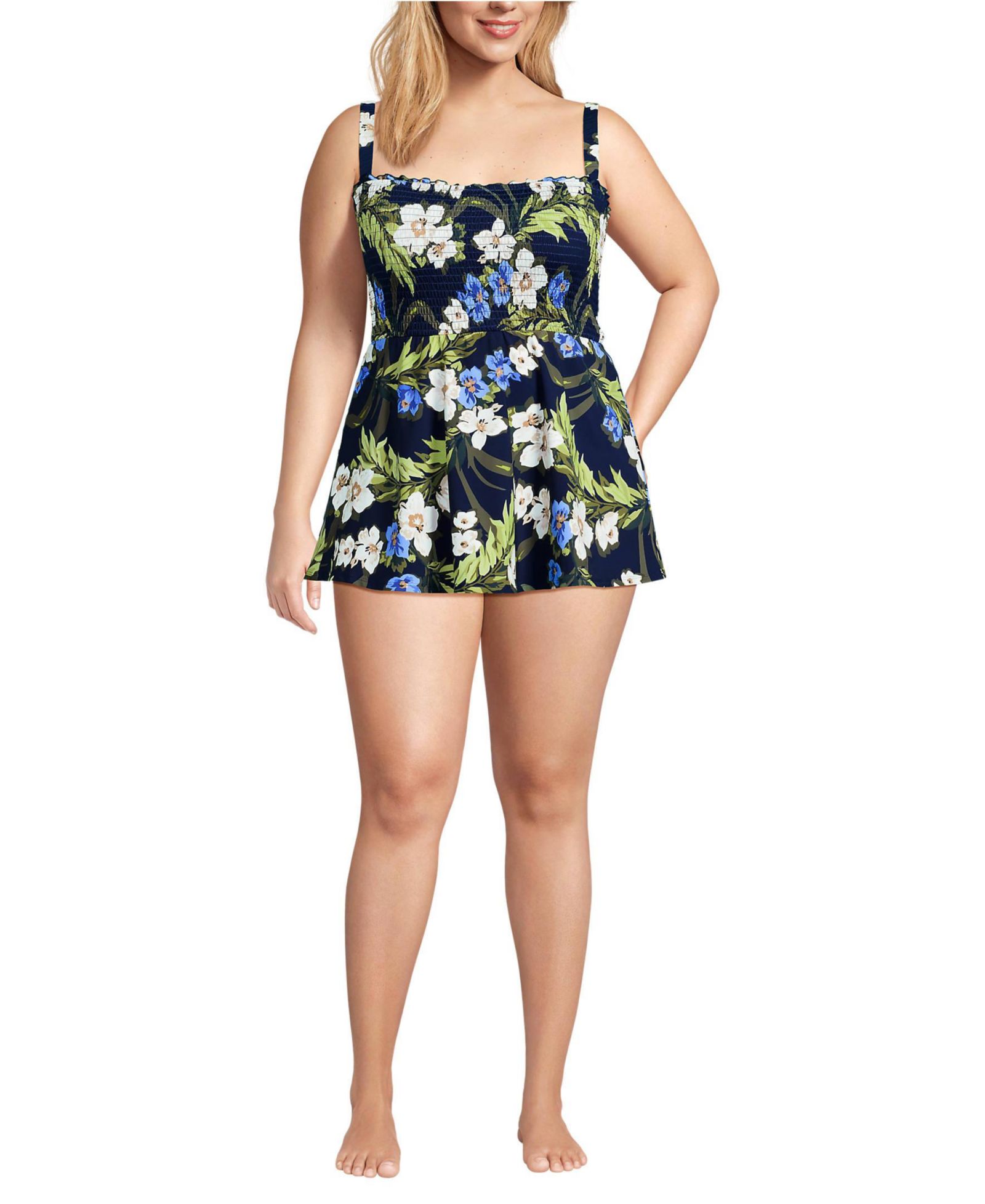 Женское мини-платье для плавания Lands' End Plus Size с квадратным вырезом и сборками