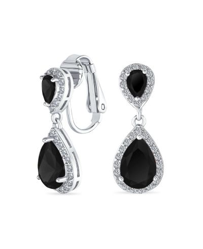 Bling Jewelry Classic Bridal Cocktail Halo Cubic Zirconia Blue CZ Double Solitaire Teardrop Dangle Clip On Earrings