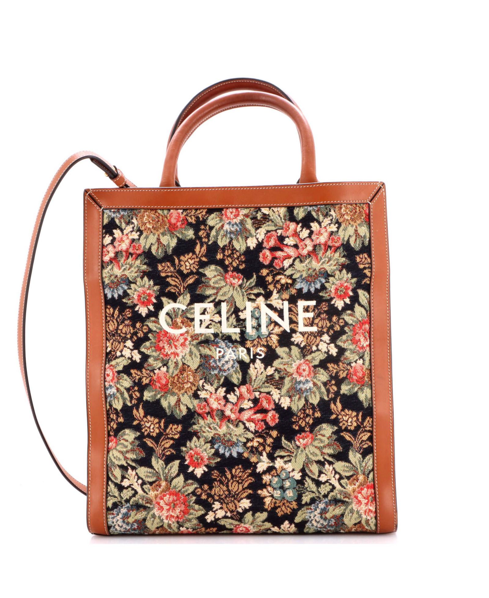 Celine Small Vertical Cabas Tote Floral Jacquard с кожаной отделкой