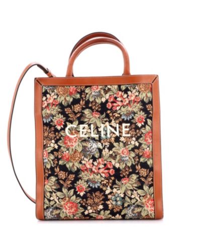 Celine Small Vertical Cabas Tote Floral Jacquard с кожаной отделкой