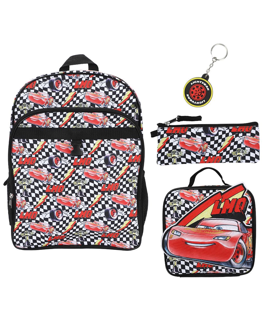 Bioworld Boys' Cars All Over Print Backpack, Lunch Bag, Key Chain and Pencil Case, 4-Piece Set