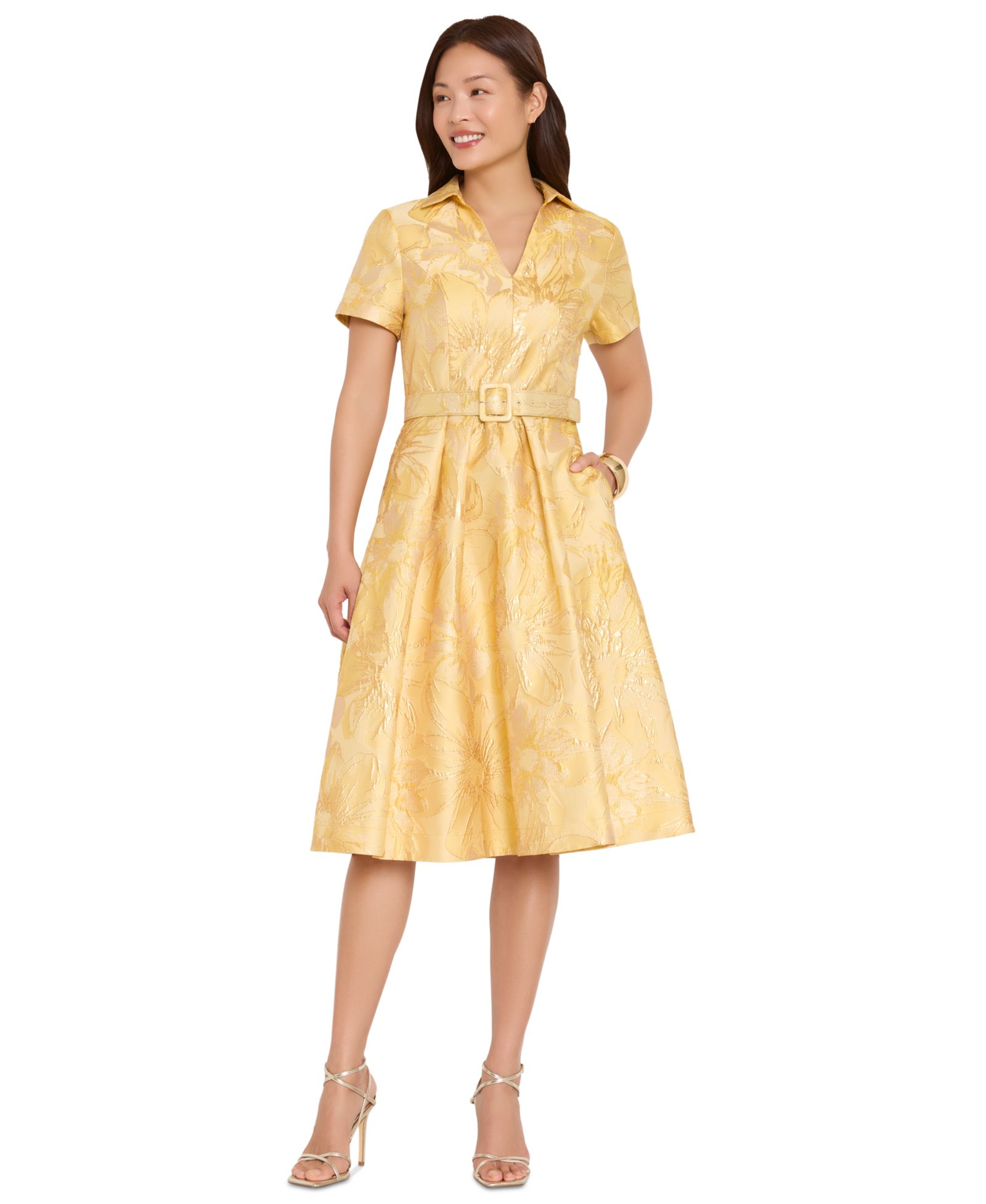 Tahari ASL Women's Belted Short-Sleeve Collared Midi Dress