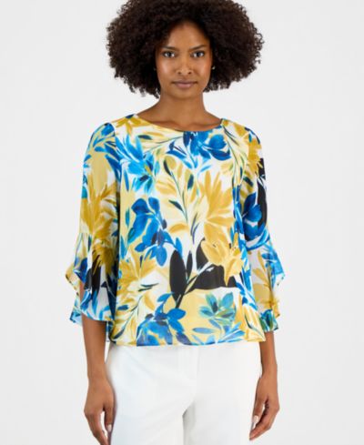 Kasper Petite 3/4 Ruffle-Sleeve Printed Boatneck Top
