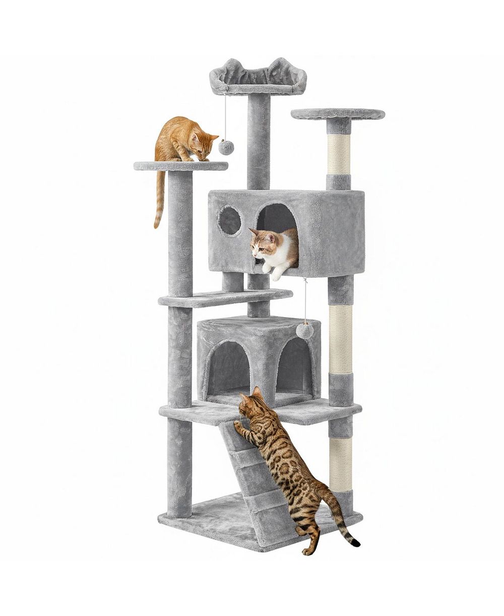ARONKL Multi-level Cat Tree Tower with Cat-ear Perch 2 Caves Sisal Posts Climbing Ladder Replaceable Balls Pet Activity Center