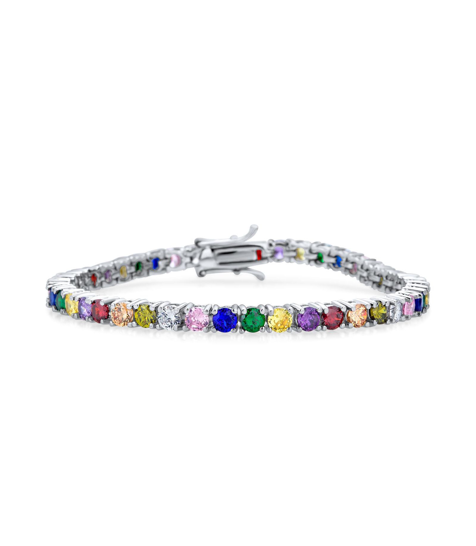 Bling Jewelry 12 CTW Prong Set Cubic Zirconia CZ Colorful Multi Color Tennis Bracelet 7.5 Inch Silver Plated