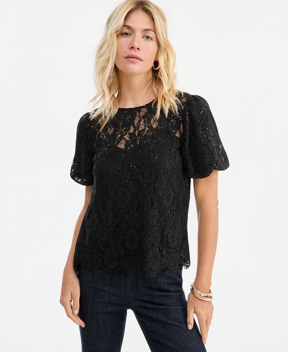 I.N.C. International Concepts Women's Short-Sleeve Sequin Embellished Lace Blouse, Macy's Exclusive