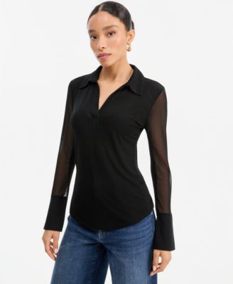 I.N.C. International Concepts Women's Mesh Collared Long-Sleeve Top, Macy's Exclusive
