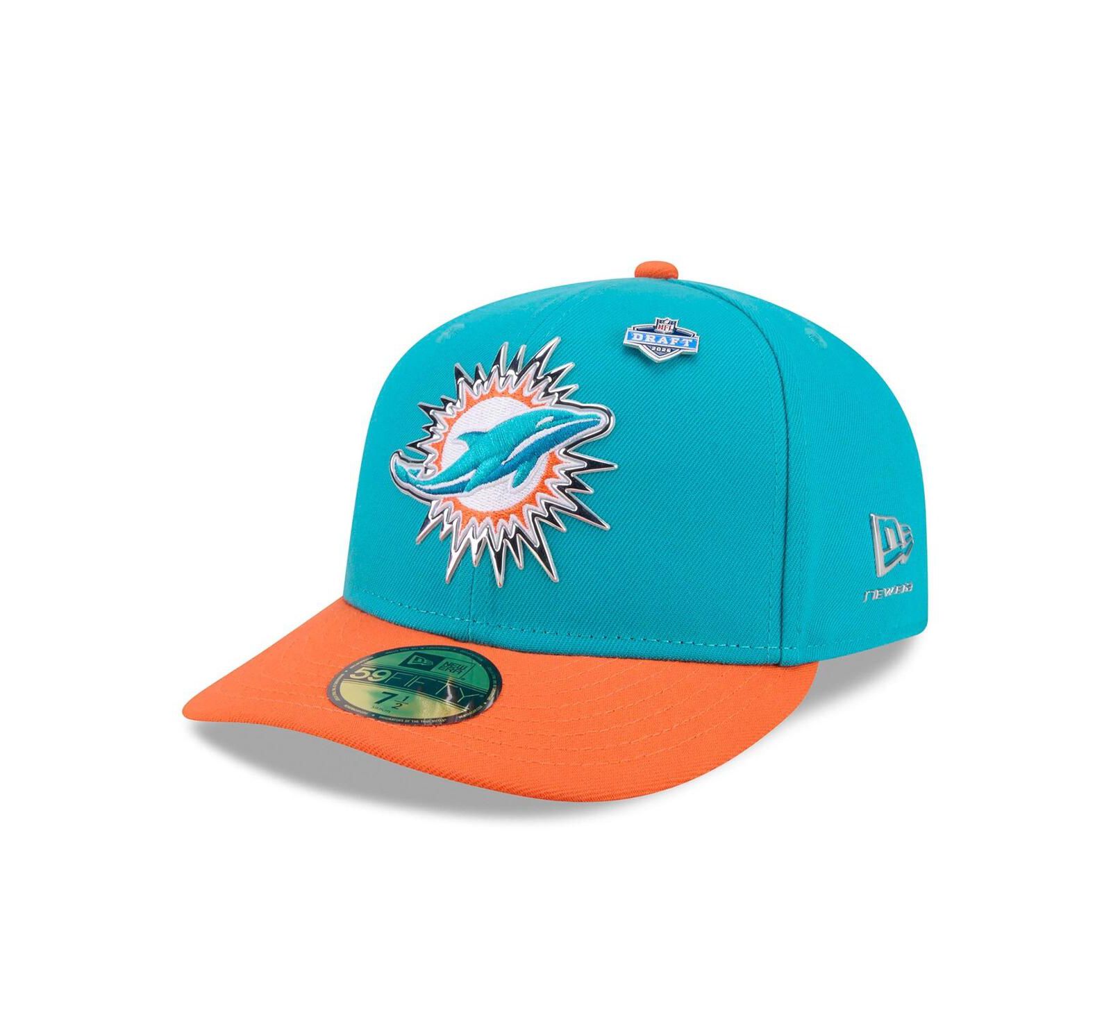 New Era мужская кепка 59FIFTY с предизогнутым козырьком для драфта NFL 2026 Miami Dolphins, цвет аква/оранжевый