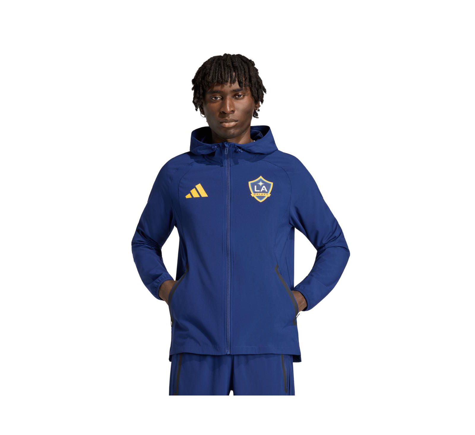 Adidas Мужская ветровка LA Galaxy Tiro с капюшоном и полной молнией, темно-синяя