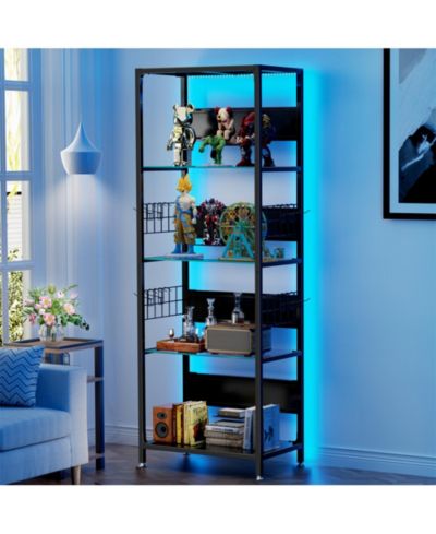 RAINSKEN Glass Display Shelf with RGB LED Lights - 4-Tier Curio Cabinet with Adjustable Storage Box, Hooks, Metal Frame Standing Shelf for Living Room