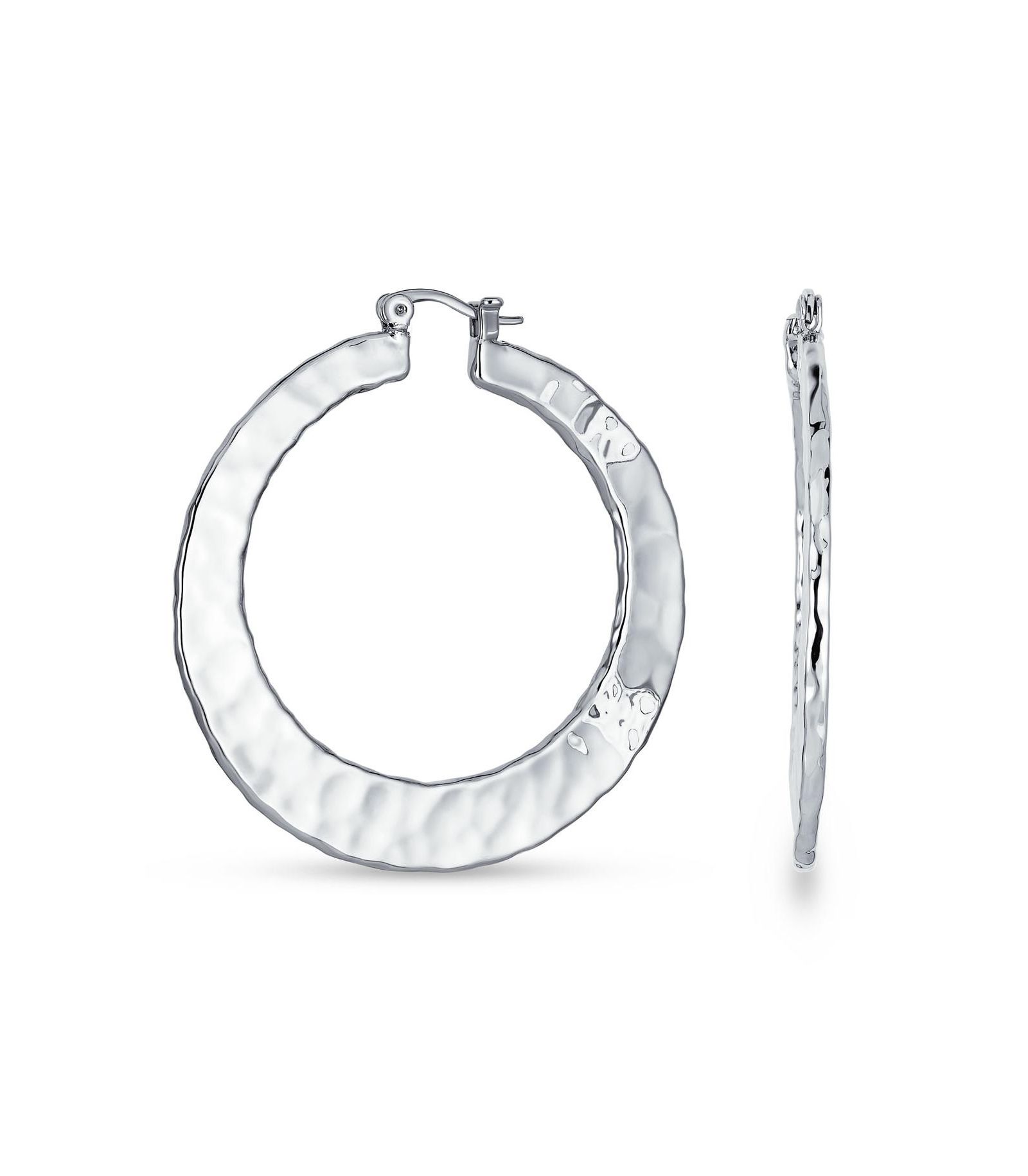 Bling Jewelry Серьги-кольца Statement Large Fashion Flat Hammer Finish Silver Plated 2 Inch