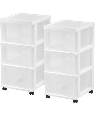 IRIS USA Plastic 3-Drawer Storage Organizer Rolling Cart with Wheels, Slim Narrow Design, 2-Pack