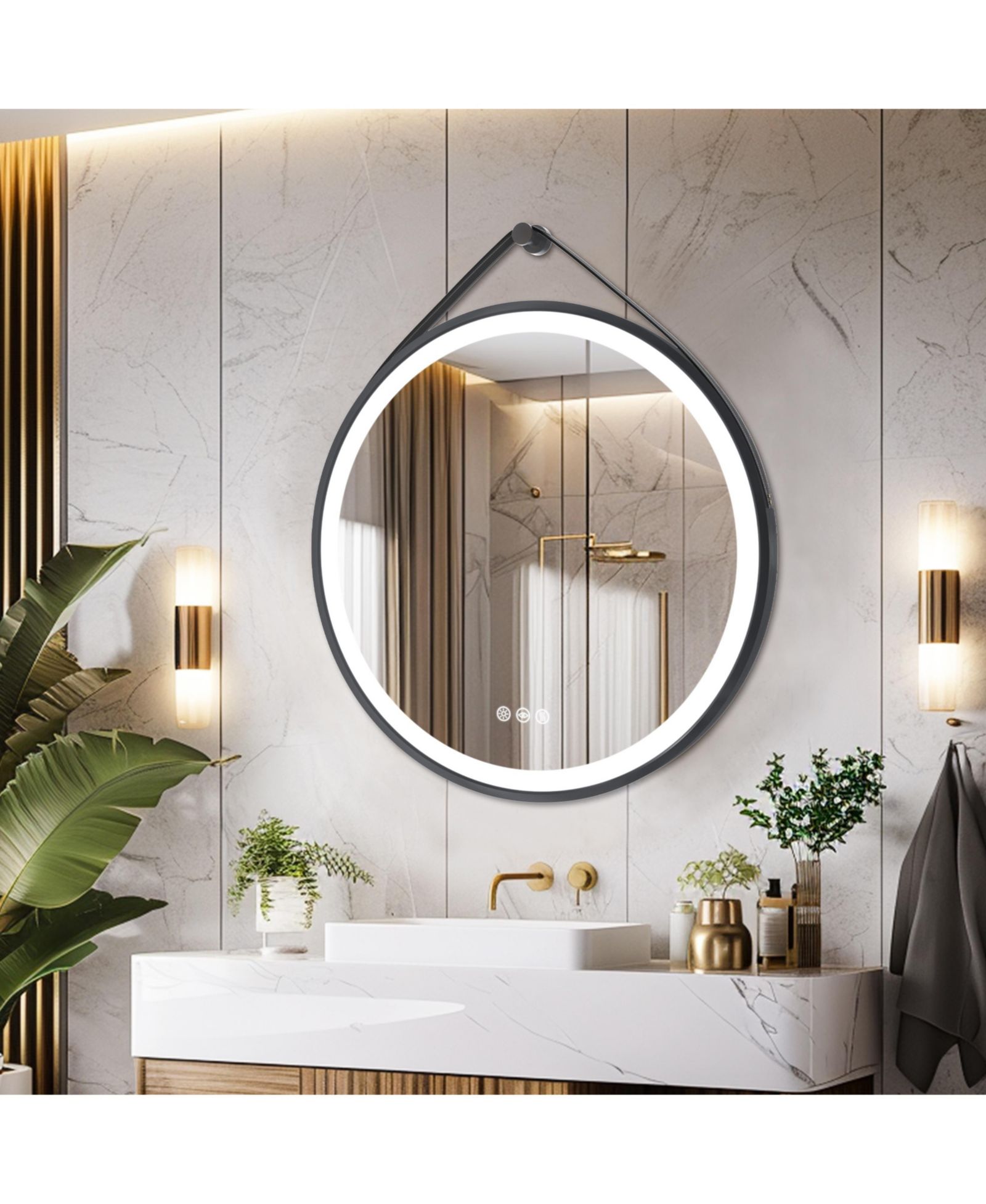 LUVODI 24" Black Circle Hanging Vanity Mirror for Wall with Leather Strap 3 Colors Dimmable for Bedroom Entryway