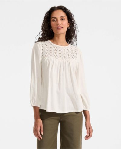 Lands' End Women's 3/4 Sleeve Eyelet Mix Flowy Top