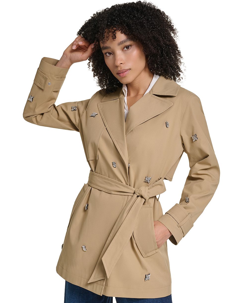 Karl Lagerfeld Paris Women's Embellished-Belted Trench Coat