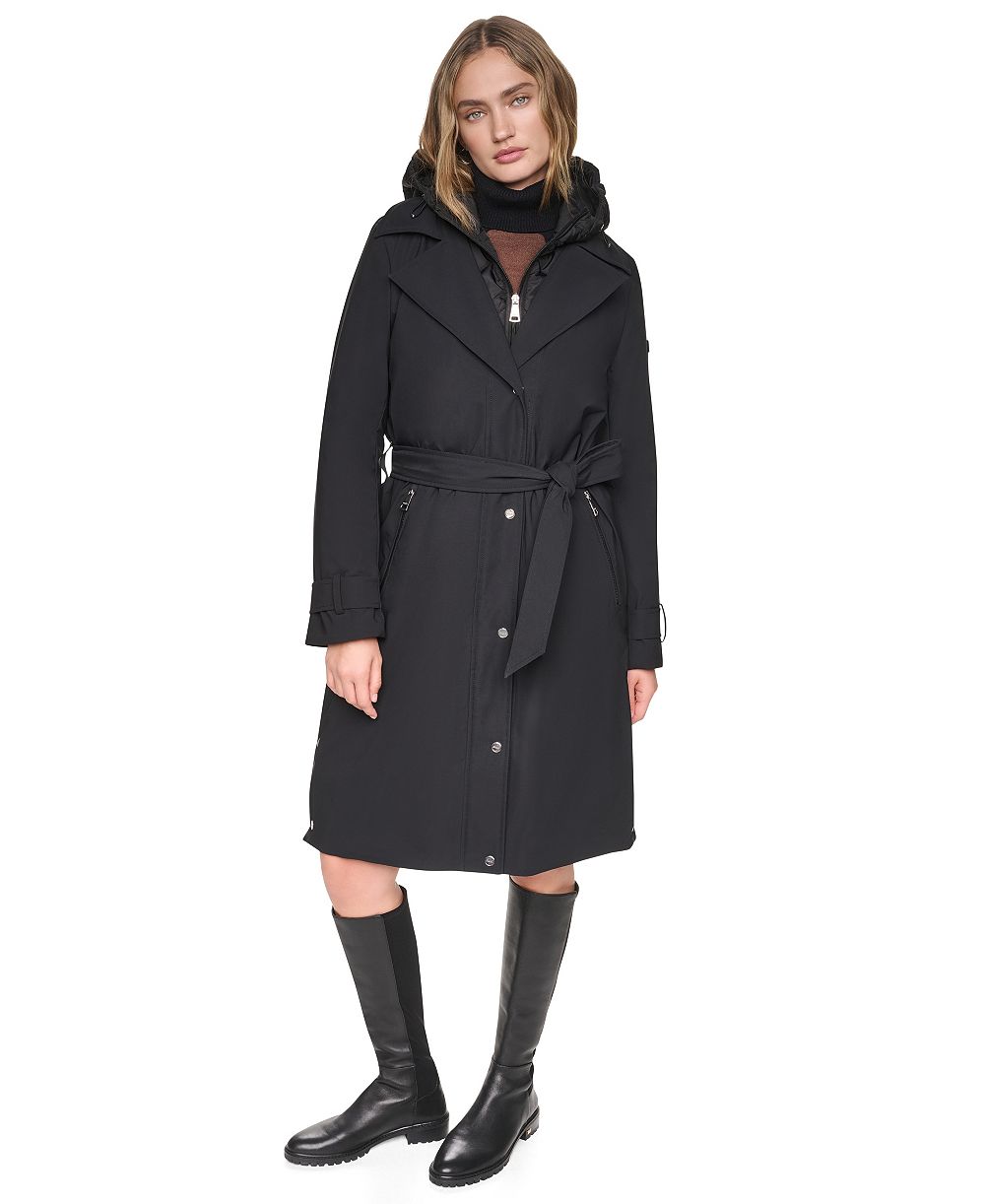 DKNY Women's Belted Trench with Hooded Bib Coat
