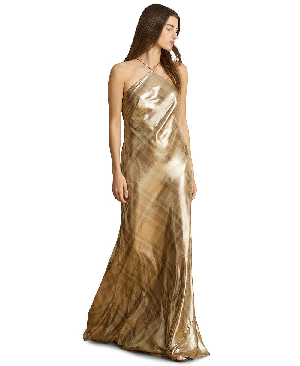 Lauren Ralph Lauren Women's Halter Metallic Plaid Gown