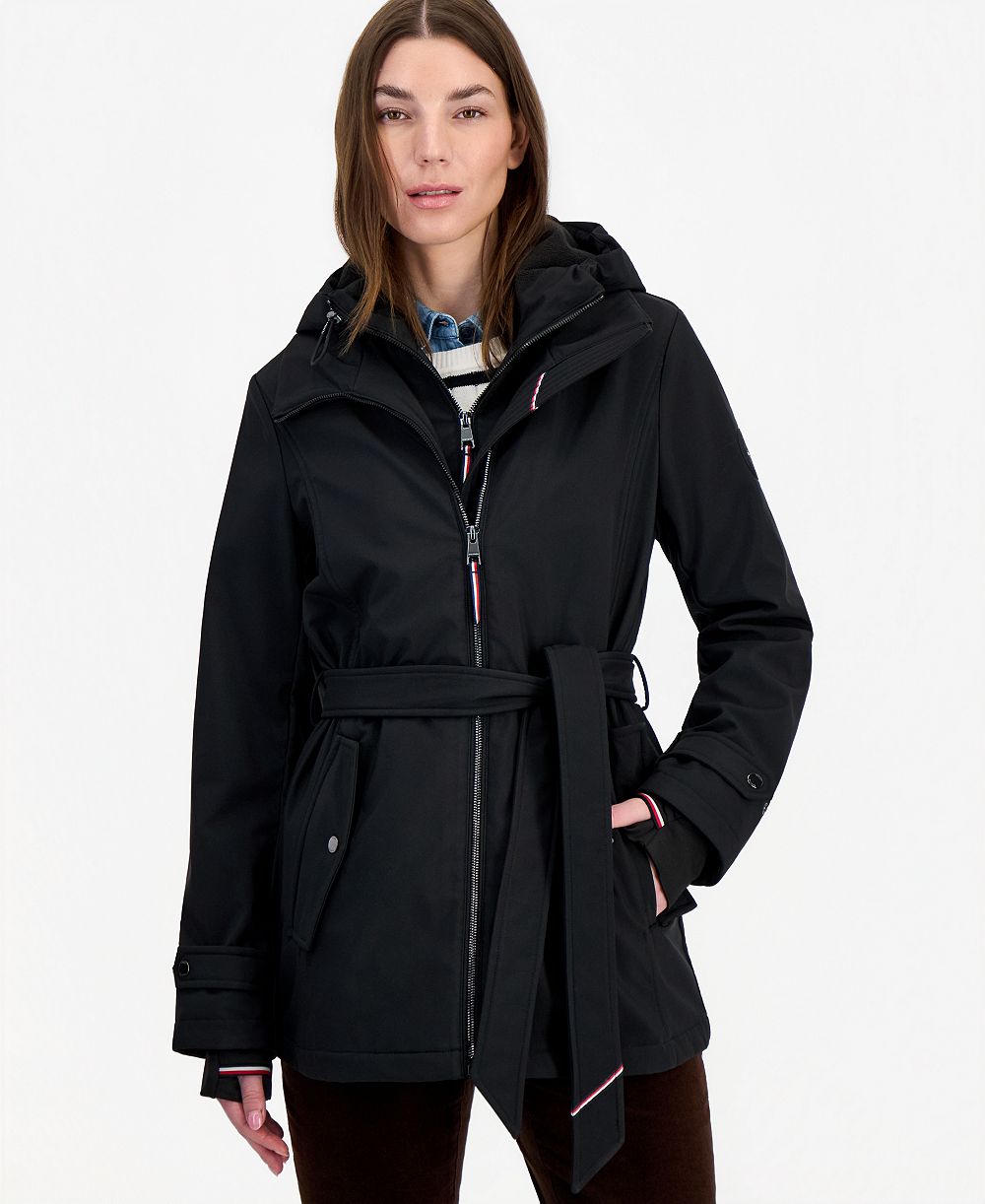 Tommy Hilfiger Petite Hooded Belted Softshell Coat, Created for Macy's