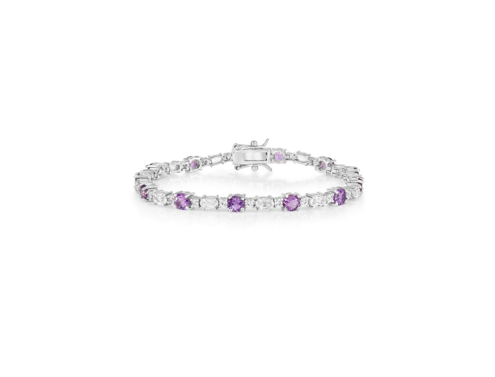 Simona Sterling Silver, Round & Oval Gem Bracelet - Amethyst & White Topaz