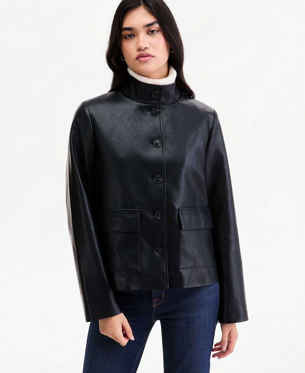 Calvin Klein Women's Faux Leather Stand Collar Jacket, Created for Macy's