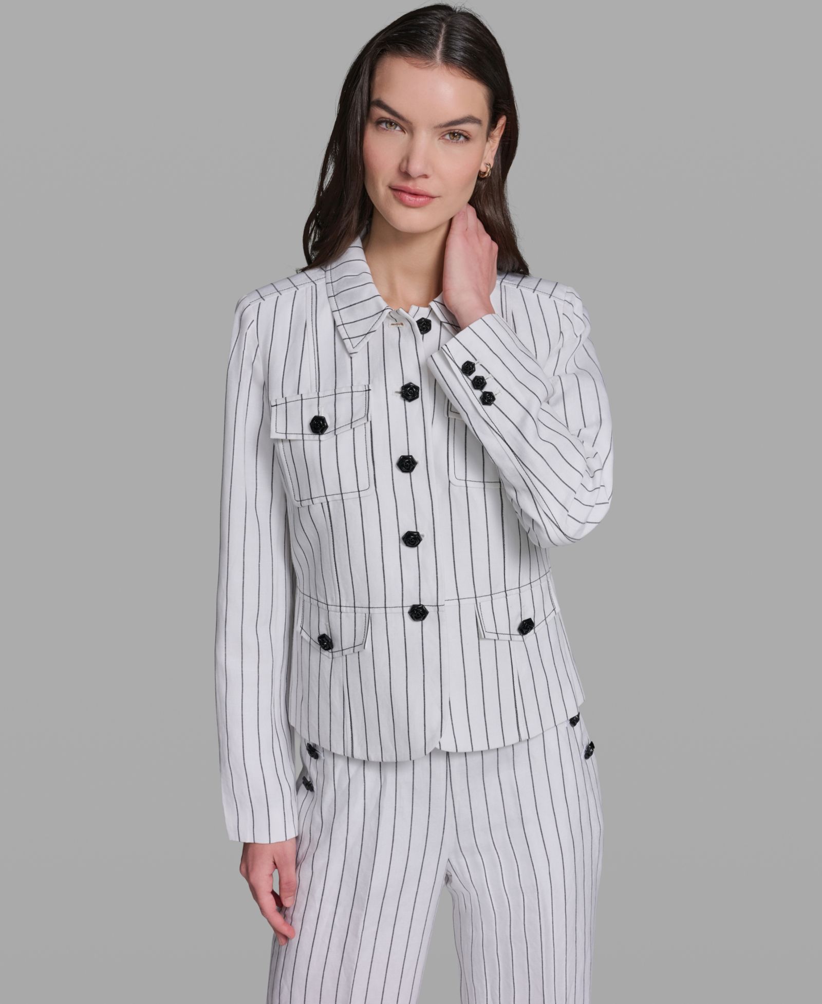 KARL LAGERFELD PARIS Women's Linen-Blend Striped Collared Jacket