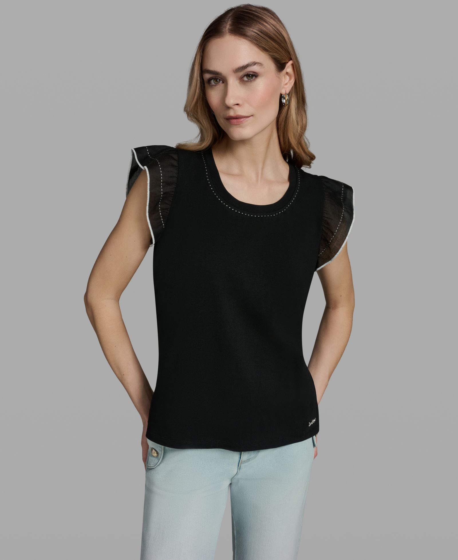 Женский топ с рюшками KARL LAGERFELD PARIS Ruffle-Sleeve Crewneck