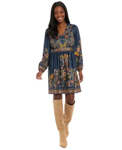 London Times Petite Printed V-Neck Mini Dress