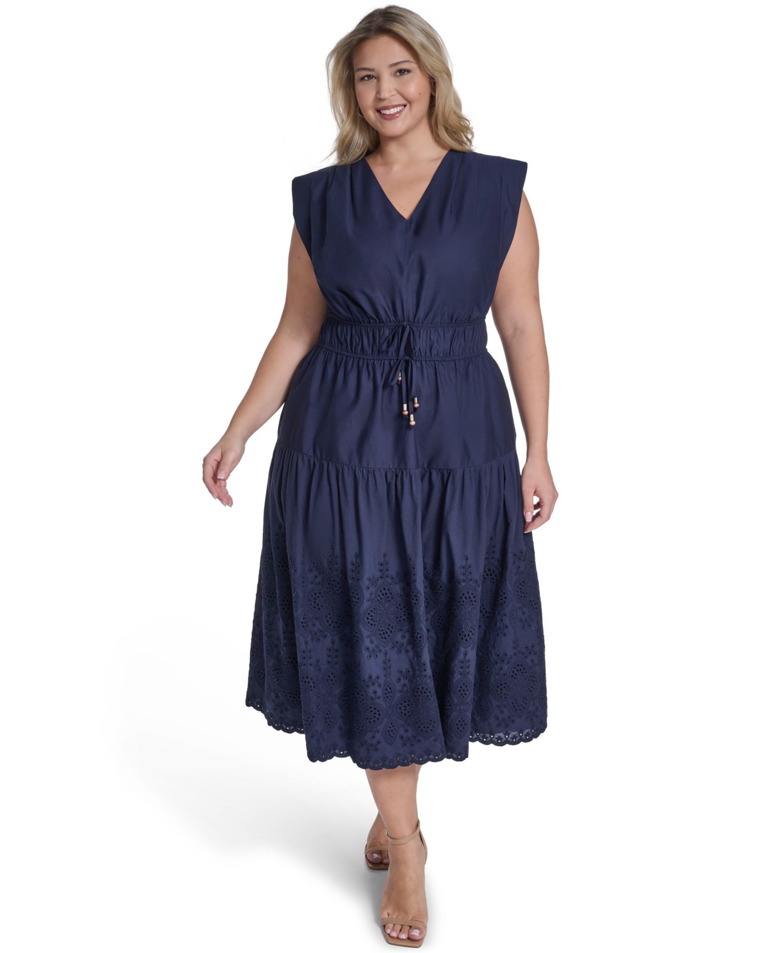 Eliza J Plus Size Embroidered V-Neck Midi Dress