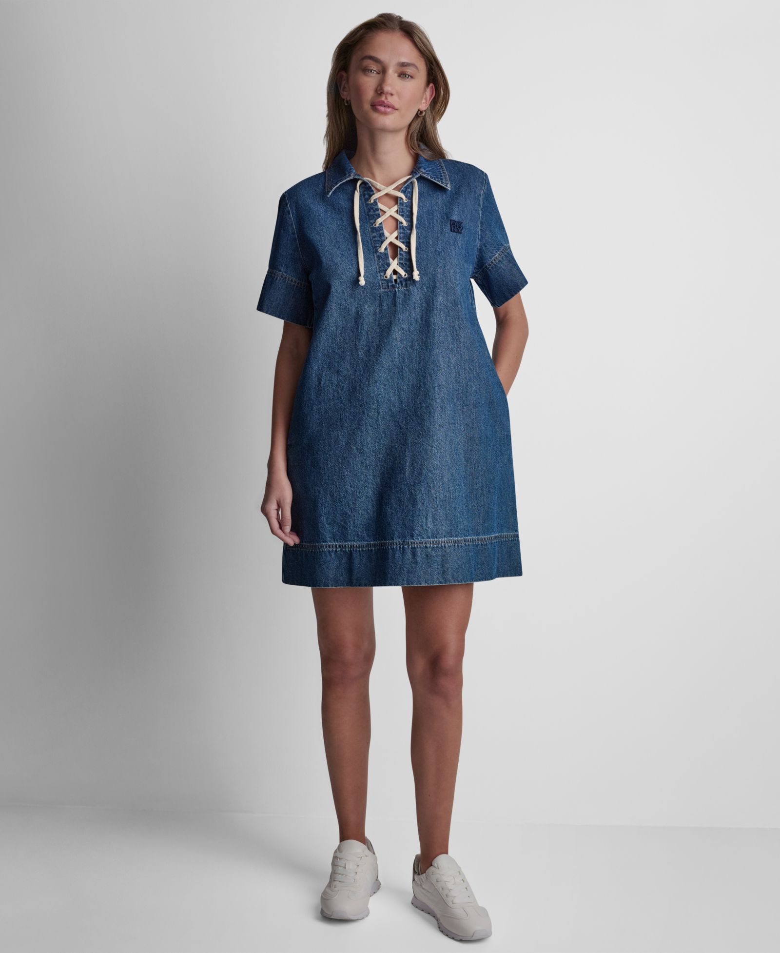 DKNY Jeans Women's Short-Sleeve Lace Up Shift Dress