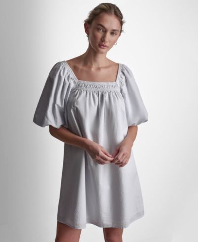 DKNY Jeans Women's Half Puff-Sleeve Seersucker Mini Dress with Square Neckline