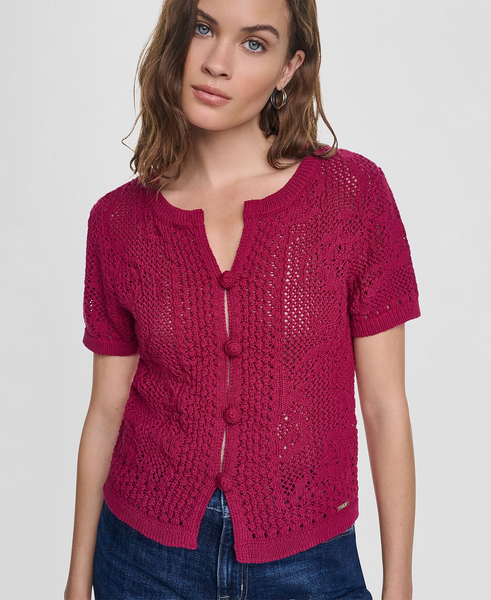 DKNY Jeans Women's Short-Sleeve Crew Neck Floral Pointelle Cardigan