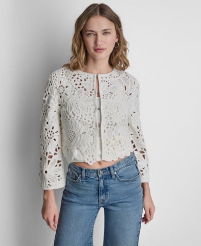 DKNY Jeans Женский кардиган с длинным рукавом Floral Crochet с фестончатым краем