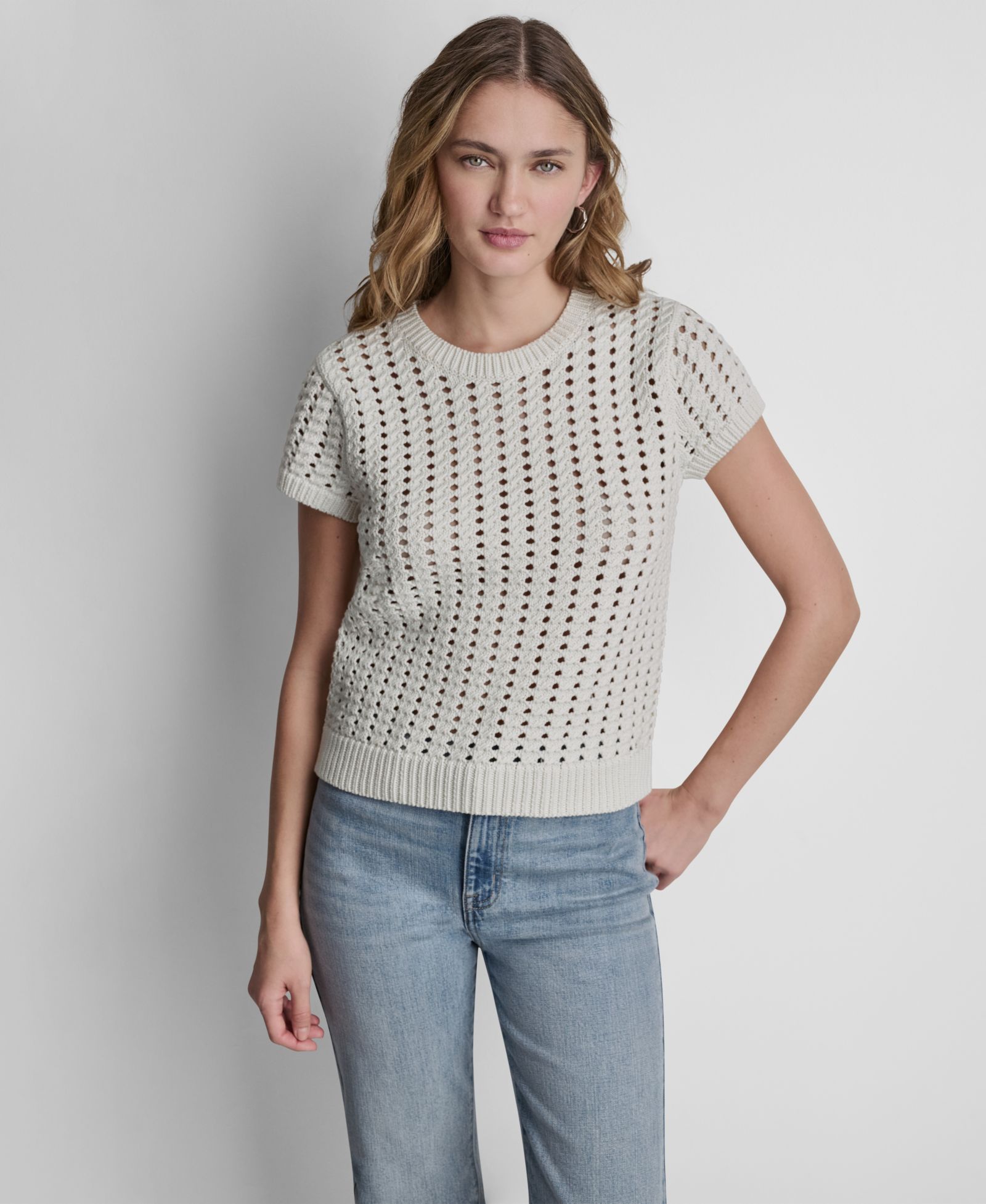 DKNY Jeans Women's Short-Sleeve Airy Chunky Pointelle Crewneck Sweater