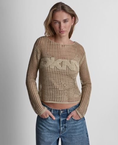 DKNY Jeans Women's Long-Sleeve Pointelle Crochet Open-Stitch Boat Neck Logo Sweater
