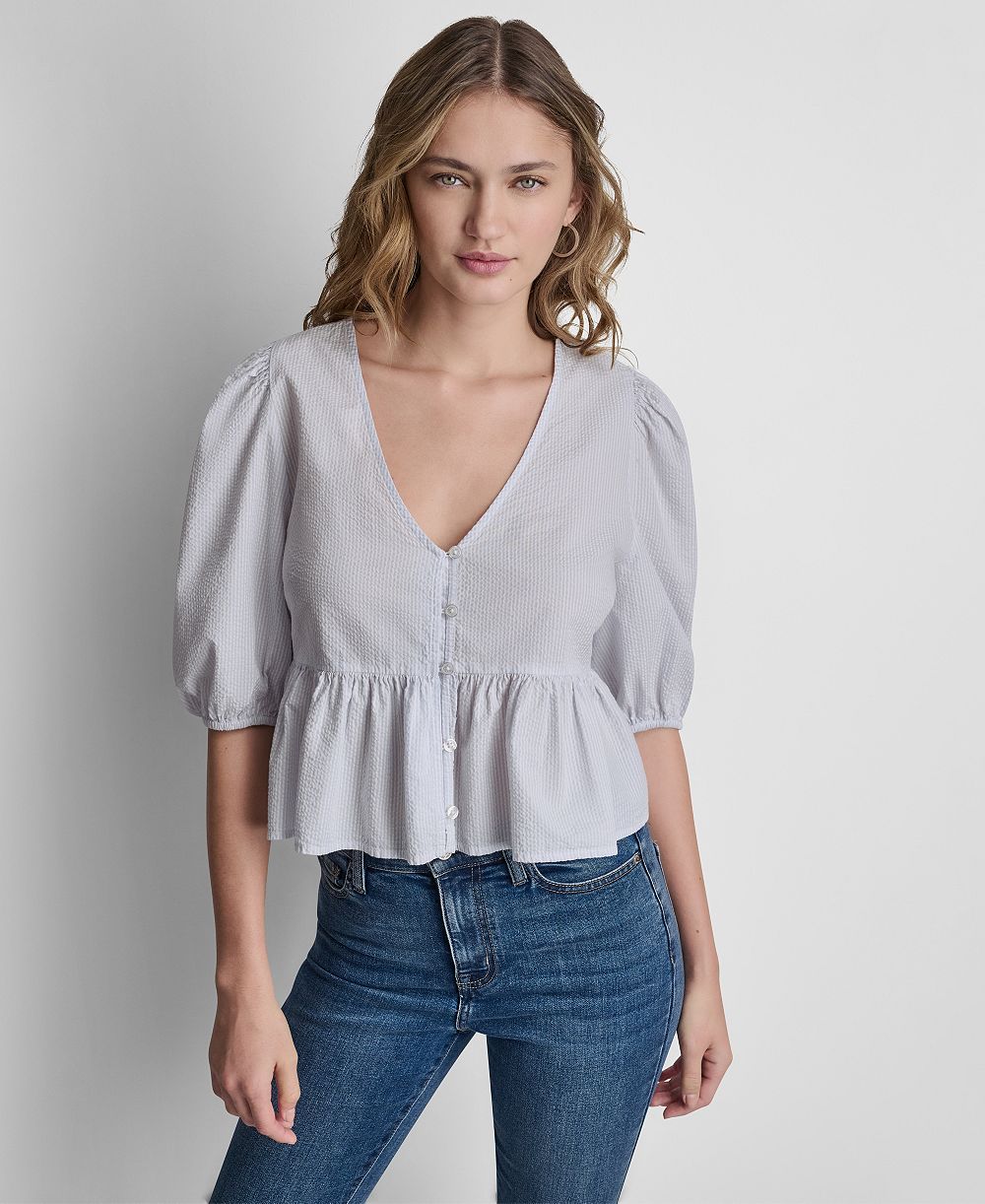 DKNY Jeans Women's Puff-Sleeve V-Neck Button-Front Shirt With Peplum