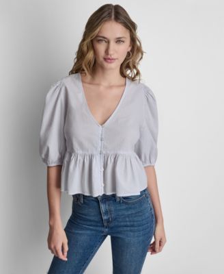 DKNY Jeans Women's Puff-Sleeve V-Neck Button-Front Shirt With Peplum