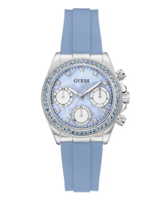 GUESS Women's Silver-Tone Sky Blue Silicone Multi-Function Watch, 36mm