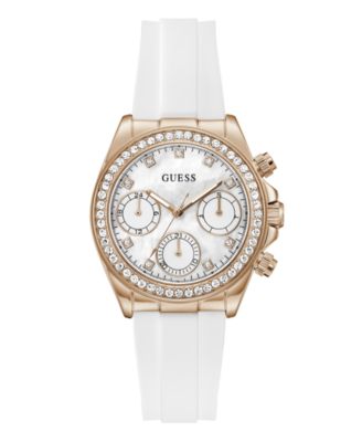 GUESS Women's Rose Gold-Tone White Silicone Multi-Function Watch, 36mm