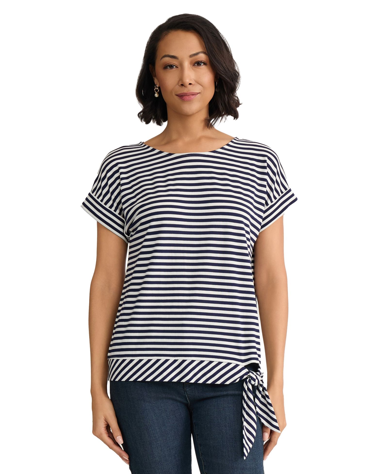 Jones New York Petite Short-Sleeve Striped Side-Tie Boat Neck T-Shirt