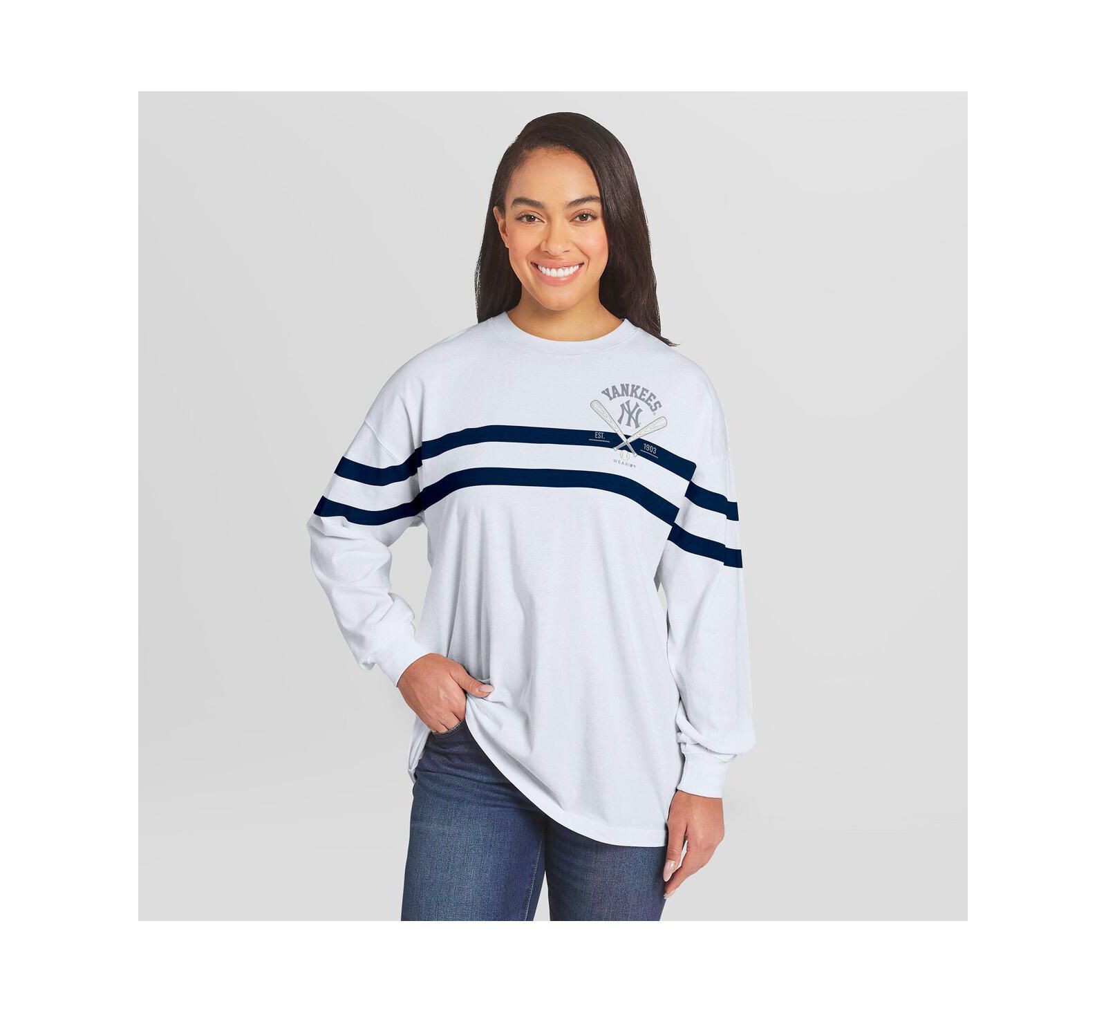WEAR by Erin Andrews Women's White New York Yankees Oversized Long Sleeve Striped T-Shirt