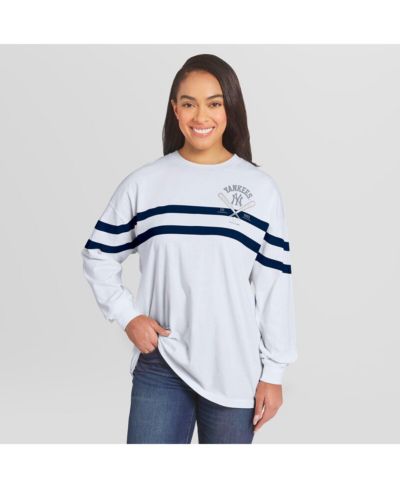 WEAR by Erin Andrews Women's White New York Yankees Oversized Long Sleeve Striped T-Shirt