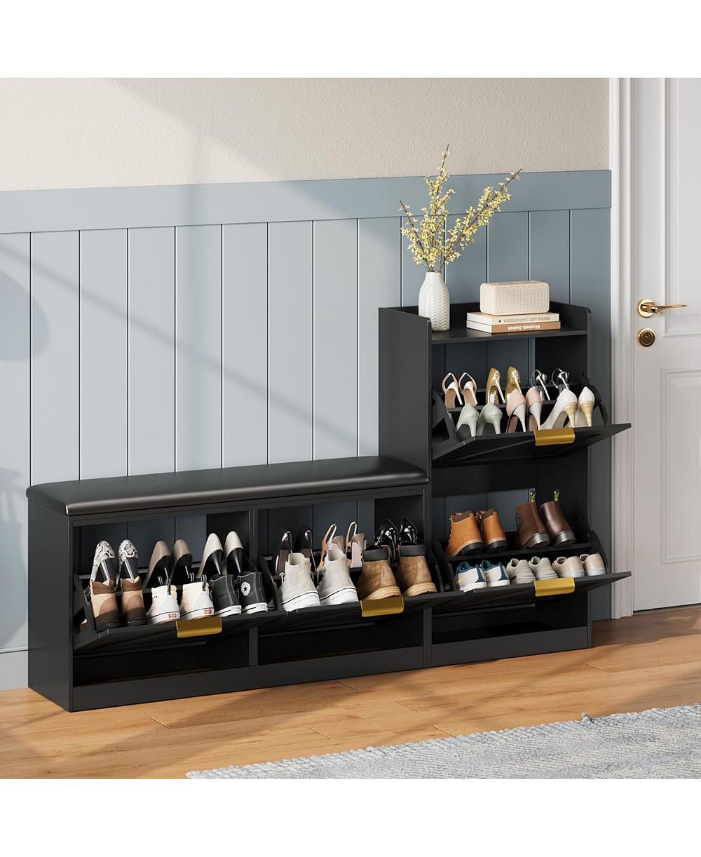 gaomon Farmhouse Freestanding Shoe Cabinet with Cushioned Bench and 4 Flip Drawers.