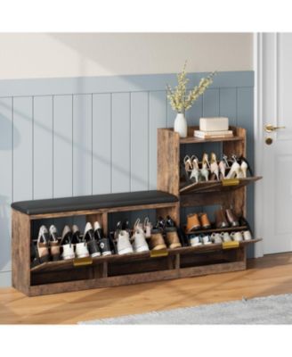 gaomon Farmhouse Freestanding Shoe Cabinet with Cushioned Bench and 4 Flip Drawers