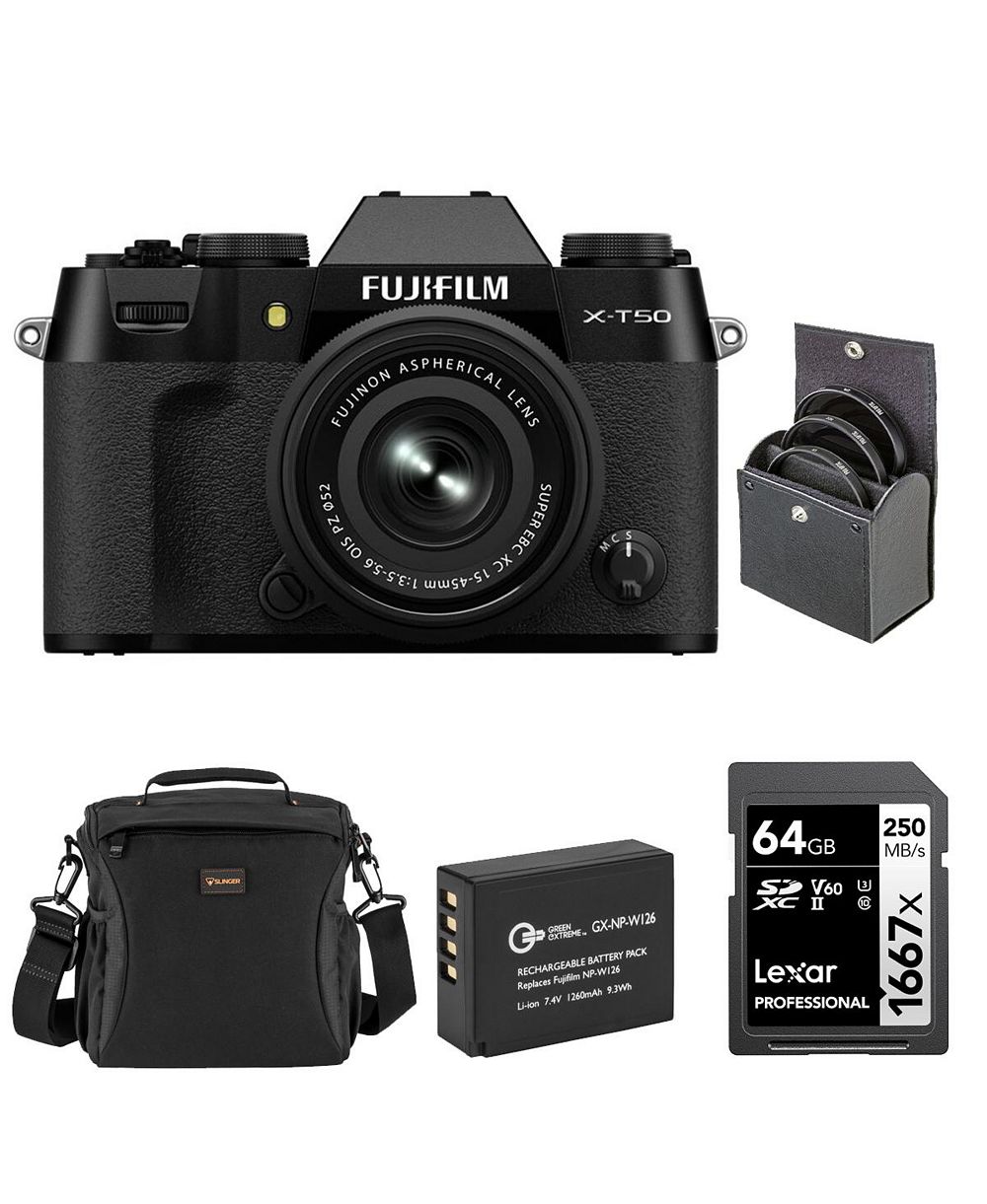 Fujifilm X-T50 Mirrorless Camera with XC 15-45mm f/3.5-5.6 OIS PZ Lens, Bundle with Li-Ion Battery, 64GB SDXC Memory Card and 52mm Filter Kit