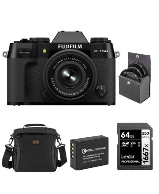 Fujifilm X-T50 Mirrorless Camera with XC 15-45mm f/3.5-5.6 OIS PZ Lens, Bundle with Li-Ion Battery, 64GB SDXC Memory Card and 52mm Filter Kit