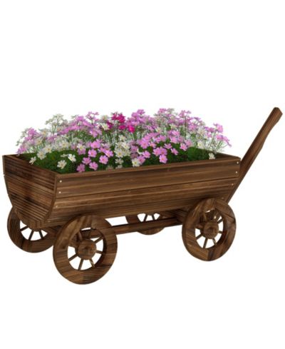 Outsunny Wooden Wagon Planter Box, Mobile Garden Planter with 4 Wheels