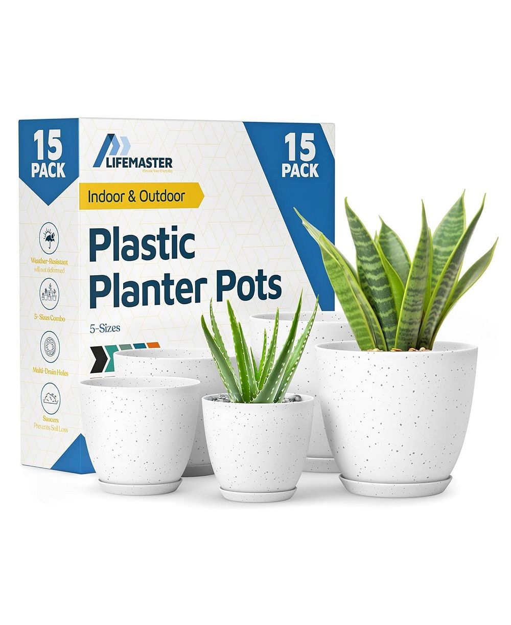 Lifemaster White Gray Plant Pots 15 Pack with Drainage Holes & Saucers, Stackable Indoor & Outdoor Planters for Houseplants & Flowers